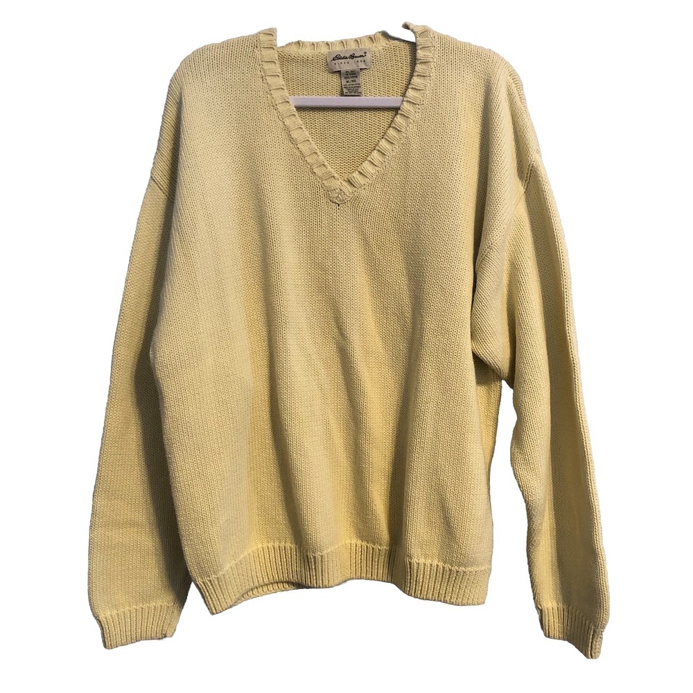 Eddie Bauer Mens Sweater Pullover XL V Neck Cable Knit Long Sleeve Cream Flaw